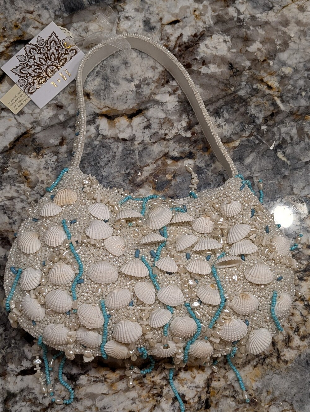 Viral Beaded Shell Accent White & Turquoise Women’s Shoulder Bag- NWT!